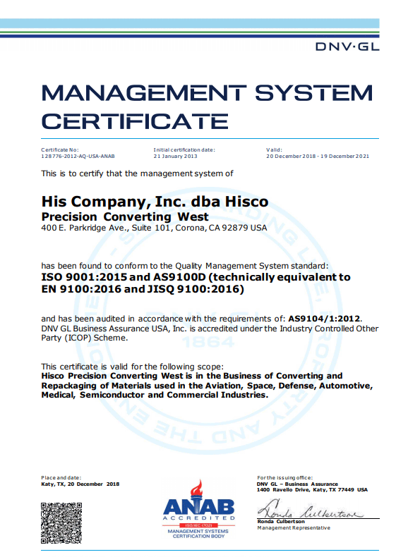 Image of AS 9100D Certificate