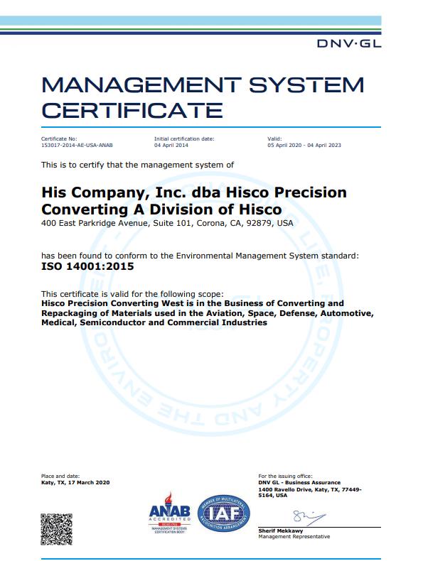 Image of ISO 14001 Certificate